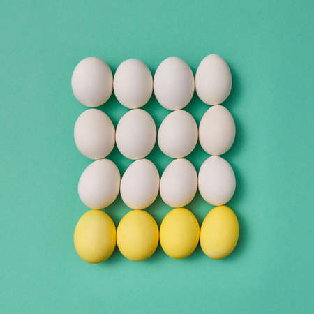 Pattern in the form of a square of painted yellow and white eggs on a green background with copy space. Billiard game concept. Flat layの写真素材