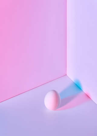 Multi-colored egg on a double pink-lilac background with a reflection of blue-pink shadows and copy space for text. Easter layoutの写真素材