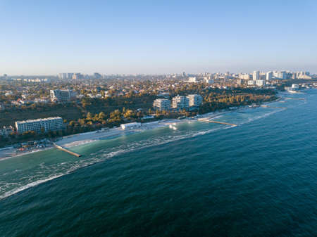 Panoramic birds eye arial view from drone the coastline of a developed city Odesa, Ukraine. Copy space.の写真素材