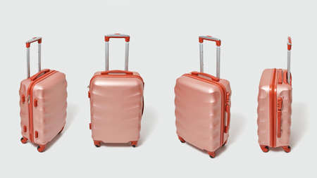 Set of modern brown travel suitcases presented on a gray background with copy space. Tourism concept.の写真素材