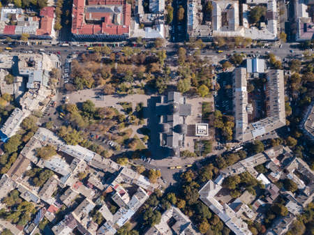 Top view of the road with cars, rooftops and the Spaso-Preobrazhensky Cathedral on a sunny day. Ukraine, Odessa. Aerial view from the droneの写真素材
