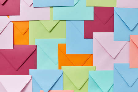 Background of colorful correspondence craft envelopes.の写真素材
