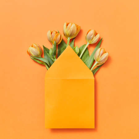 Mock up envelope with yellow tulips on an orange background.の写真素材