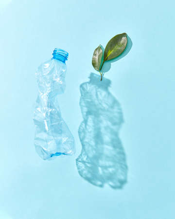 Plastic floating bottle with shadows and green plant twig on a pastel blue background, copy space....