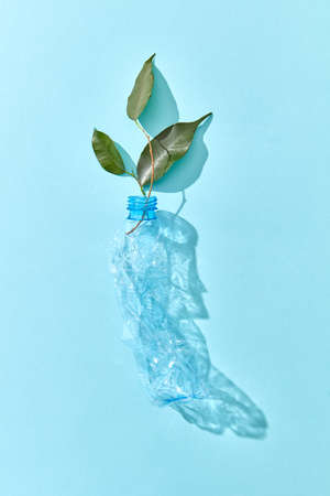 Plastic crumpled empty bottle and green leaves branch with shadows on a light blue background, copy space. Ecological problem of environmental pollution.の写真素材