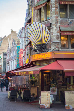 small alley with many restaurants in Brussels, Belgiumのeditorial素材