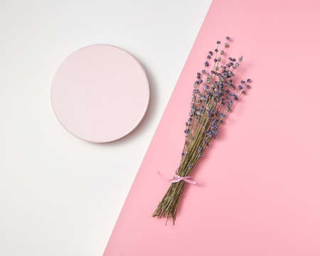 Decorative card with lavender bunch and round frame.の写真素材