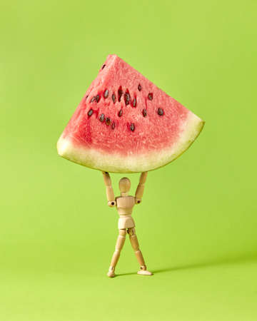 Miniature wooden human mannequin holds fresh ripe sweet watermelon's part on a lawn green background with soft shadows, copy space.の写真素材