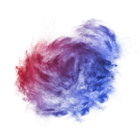 Duotone powder explosion on a white background with copy space. Colored abstract dust cloud.の写真素材