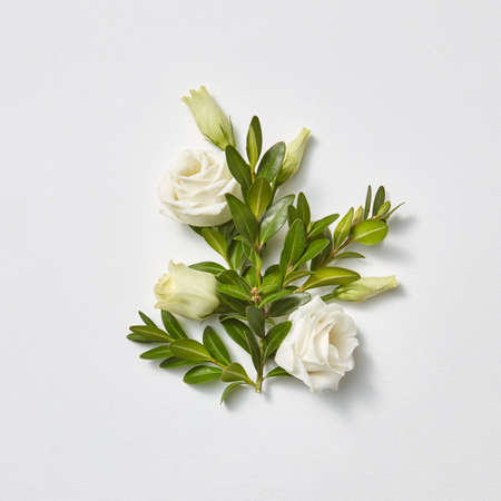 Romantic composition from boxwood evergreen branches with roses flowers on a light grey background with copy space. Flat lay. Valentine's Day greeting card.の写真素材