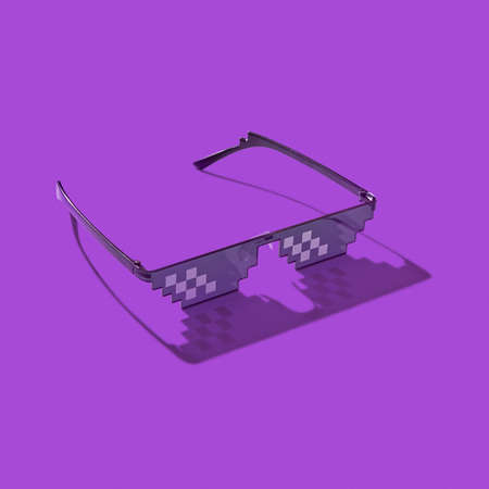 Pixel computer glasses on a purple background with hard shadows. Protection eyes from harmful artificial blue light emitted from computers screens, and TV.の写真素材