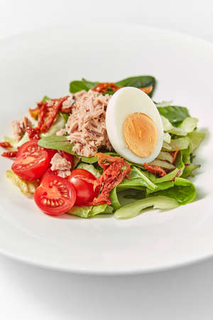 Freshly cooked delicious homemade tuna salad with fresh natural organic vegetables, tomatoes, spinach and half of egg on a white ceramic plate, copy space.の写真素材