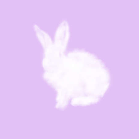 Congratulation card from fluffy Easter bunny made from white cloud on a pastel lavender background with copy space. Greeting Happy Easter card.の写真素材