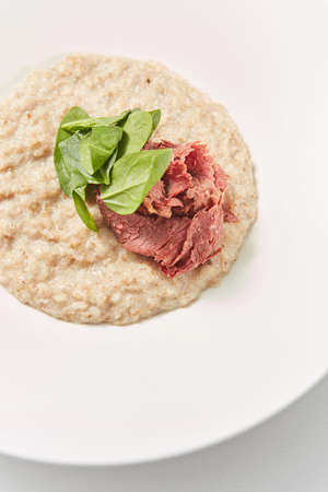 Close-up view oatmeal porridge with lowfat ham and fresh spinach.の写真素材