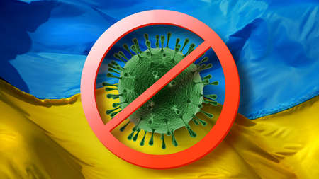Forbidden sign with crossed out plane on the background of Ukrainian flag.の写真素材
