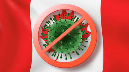 Warning sign with crossed out Coronavirus bacteria on the background of Canadian flag.の写真素材