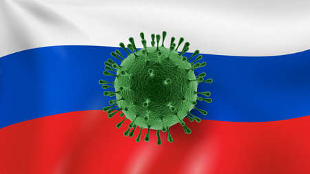 Model of Coronavirus on the background of Russian flag.の写真素材