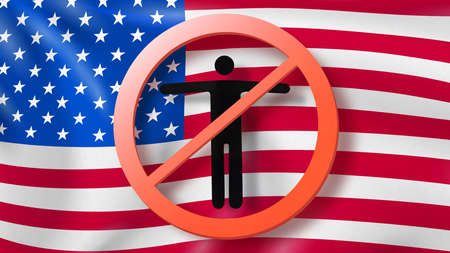 Warning sign with crossed out man on a background American flag.の写真素材