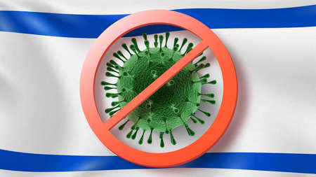 Prohibition sign with crossed out Coronavirus bacteria on the background of Israeli flag.の写真素材