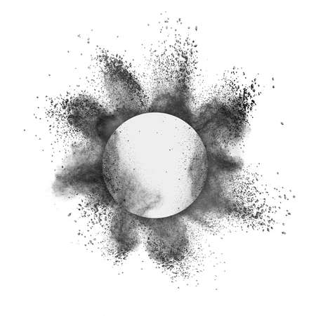 Creative round frame with dark grey powder splash and explosion on a white background, copy space.の写真素材
