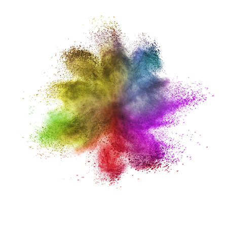 Abstract decorative chaotic powder or dust colorful explosion on a white background with copy space.の写真素材