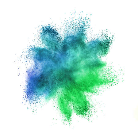 Chaotic explosion in blue-green colors on a white background.の写真素材