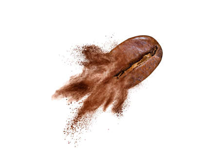 Flying coffee bean with powder splash on a white background.の写真素材