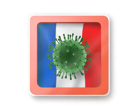 Warning sign with model of Coronavirus molecule on the France flag on a white background, copy space. Rapid spread of Coronavirus, Covid 19 in the world. 3D illustrationの写真素材