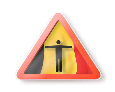 Warning sign with black man's figure on the Belgian flag on a white background, copy space. Restriction of entry into Belgium. Quarantine concept. 3D illustrationの写真素材