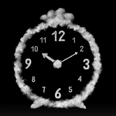 Close up creative composition the alarm clock made from white clouds or smoke on a black background with copy space.の写真素材