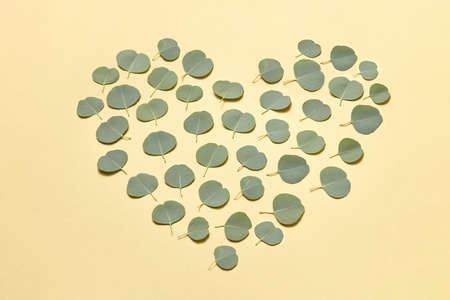 Congratulation postcard in the shape of heart from small leaves of fresh natural evergreen Eucalyptus plant on a sand yellow background, copy space. Festive card.の写真素材