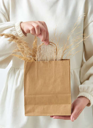 Womans hand holding paper eco bag with dry natural plant twig.の写真素材