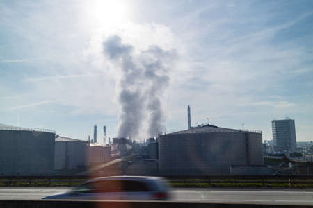 Strong atmosphere industrial emission above power plant in Budapest, Hungary.の写真素材