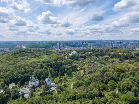 Aerial view of botanical garden and churchの写真素材