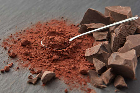 Chunks of chocolate and cocoa powderの写真素材