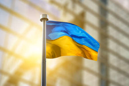 Flags of Ukraine and European Unionの写真素材