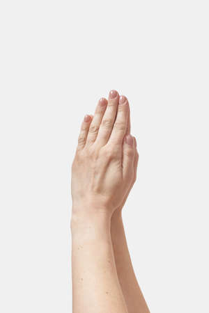 Two hands pray gesture isolated on whiteの写真素材