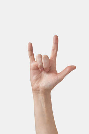 Sign language I love you gesture hand on white.の写真素材
