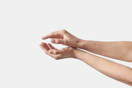 Open female hands, gentle hold, care on white.の写真素材