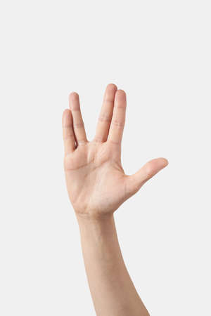 Close up woman alien greeting hand with funny fingers.の写真素材
