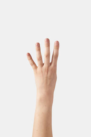 Outer hand counting on fingers, four.の写真素材
