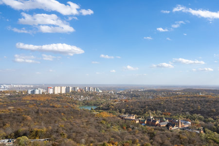 Drone scenery of Kyiv in sunny autumnal day.の写真素材