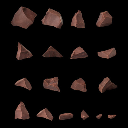 Collection of broken dark chocolate piecesの写真素材