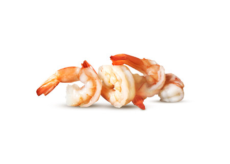 Close-up of four steamed tiger prawns isolated on whiteの写真素材