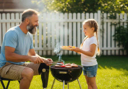 Man with prosthetic leg grilling with daughterの素材