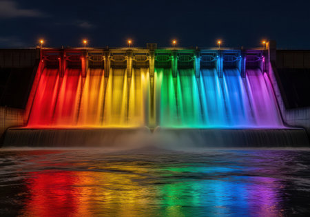 Rainbow-lit dam at nightの素材