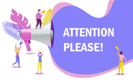 Group of people shouting on megaphone with attention please word vector concept. It can be used for websites, landing pages, mobile app.のイラスト素材