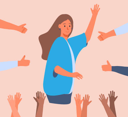 Happy young woman is standing and she is surrounded by hands with thumbs up. Scene of public approval and appreciation of friends, coworkers. Cartoon concept vector of acknowledgment and applause.のイラスト素材
