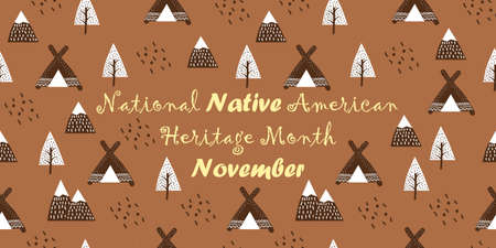 National Native American Heritage Month celebrated in November in USA. Hand drawing traditional background with wigwams, mountains and trees for poster, banner, web.のイラスト素材