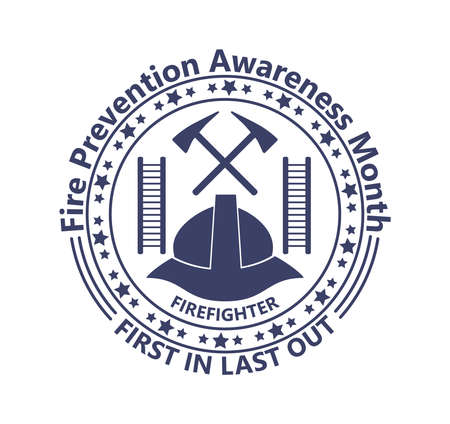 Fire Prevention Awareness Month is organised on October. Ladder, tools, a shield with the American flag shown. Trendy round emblem vector of firefighters for banner, icon, web, logo.のイラスト素材
